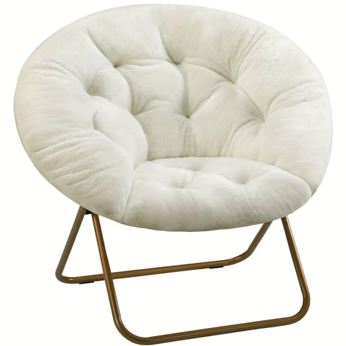 Oversized Folding Saucer Chairs Foldable Lounge Lazy Chair Comfy Saucer Chair Foldable Comfy Padded Moon Chairs for Adults with Cozy Faux Fur (White)