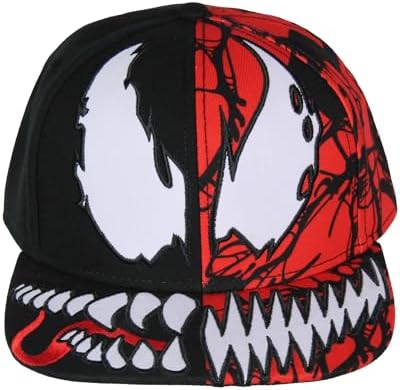 Marvel Comics Adult Venom Carnage Split Face Embroidered Flat Bill Snapback Hat for Men and Women, Black / Red, One size
