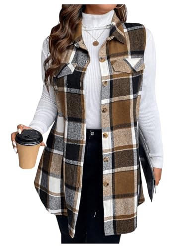 MakeMeChic Women's Plus Size Outwear Vest Top Plaid Tweed Jacket Button Down Shirt