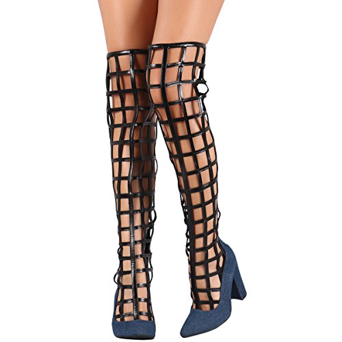 Cape Robbin Womens Pointy Toe Over The Knee Cage Cutout High Heel Gladiator Chunky Heel Boot 6.5 Blue Denim #TOP2