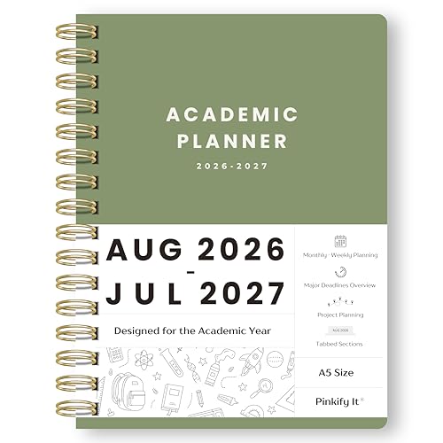 Academic Planner 2026-2027, A5 Weekly and Monthly Student Planner with Tabs, Aug 2026-Jul 2027, Spiral College Planner with Class Schedule, Major Deadlines and Project Planning, Homeschool Planner (Green)