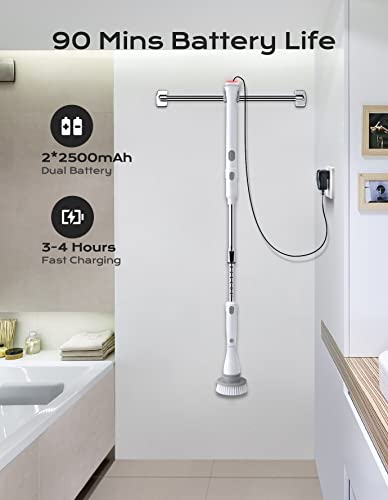 Electric Spin Scrubber, Eletalker Cordless Cleaning Brush With Adjustable Extension Arm And 4 Replaceable Head, 2 Speeds, Fast Charging, Shower Scrubber For Bathtub Tile Sink Bathroom Kitchen Grout #TOP4