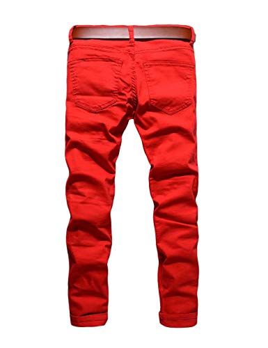 Rexcyril Men's Moto Biker Jeans Distressed Ripped Skinny Slim Fit Denim Pants With Zippers Red W32 #TOP2