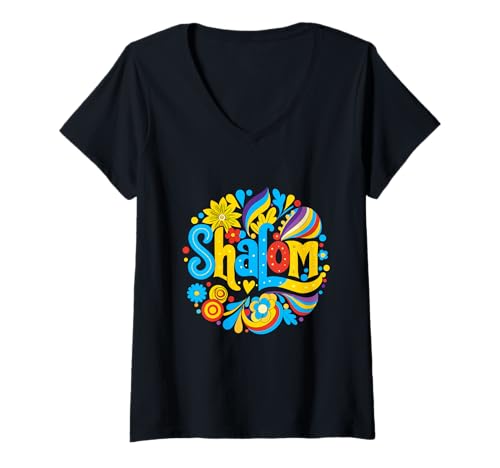 Mujer Colorido Hebreo Shalom Hanukkah Holiday Camiseta Cuello V