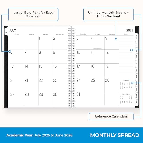 Blue Sky 2025-2026 Academic Year Large Print Weekly and Monthly Planner Calendar, July 2025 - June 2026, 12-Month, 8.5" x 11", Flexible Cover, Wirebound, Storage Pocket, Laminated Tabs, Black