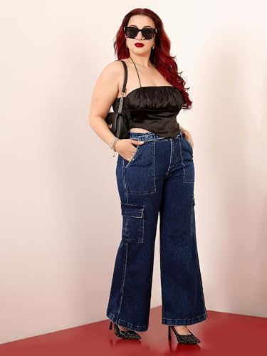 Image of Miss Chase A+ Women's Wide-Leg High-Rise Regular-Length Stretchable Cargo Denim Jeans