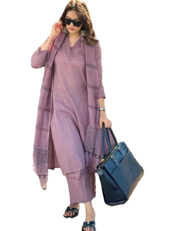 Designer Chanderi Kurta Set with Dupatta Women Festival Party Casual Daily Traditional Outfit Lavender XL - Review, Price and Buying Guide
