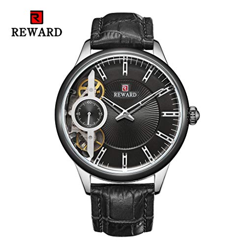 Preisvergleich Produktbild FAPROL-REWARD Herrenuhr, Mechanische Stoppuhr Und Quarz-Armbanduhr, Stahlgehäuse 3ATM Waterproof Watches, Lederband RD63091M Black