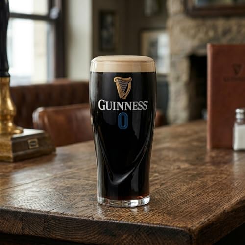 Image of Guinness Official 0 Gravity Pint Glass 20oz Authentic Non-Alcoholic Beer Glass with Gold Harp and Blue Zero Logo Genuine Irish Drinkware, Single Pack