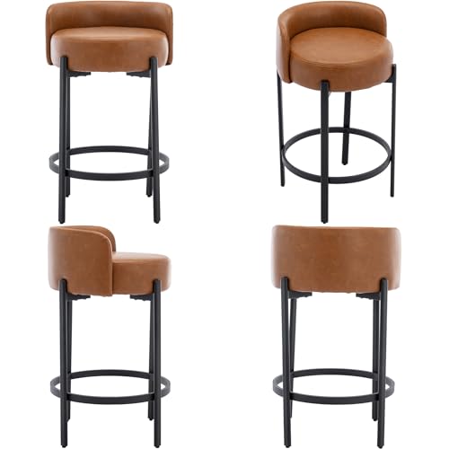 Image of CIMOTA Bar Stools Set of 4, PU Leather Counter Height Barstools with Low Back and Black Thickened Metal Legs, 26 Inch Modern Island Chairs for Kitchen Island, Bar(Brown, 4Pcs 26 inch Counter Stools)