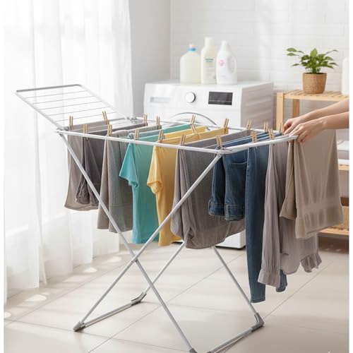 Foldable Clothes Drying Rack for Laundry – Heavy Duty Stainless Steel Foldable Dryer Stand, Adjustable Wings, Indoor & Outdoor Clothing Hanger, Portable Space-Saving Drying Stand