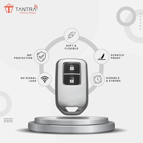 Image of SIAGO TPU Key Cover and Round Keychain Compatible for Honda BRV | WRV | CRV | Jazz | City 2 Button Smart Key (Grey)
