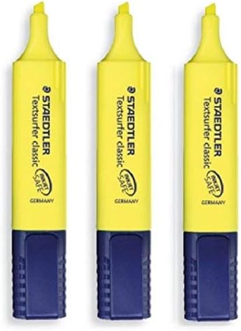 Staedtler Yellow Highlighter Pens Textsurfer Classic Fast Dry Ultra Soft 1-5mm Chisel Tip Refillable Ink Jet Safe Copy Proof 364-1 (Pack Of 3)