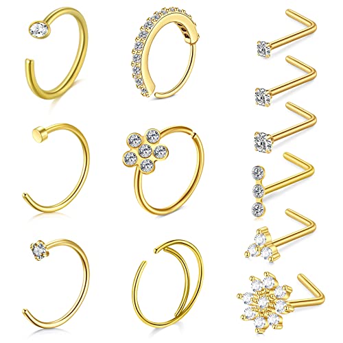 Mayhoop 20G Gold Nose Ring 316L Surgical Stainless Steel L Shaped Nose Piercing Stud Jewelry Hypoallergenic Piercings Hoop Jewelry For Women Men