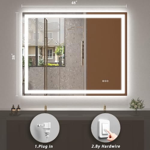 Image of 48x38 inch LED Mirror for Bathroom, Lighted Mirror for Wall, Dimmable, Anti-Fog, Shatter-Proof, ETL Listed (Front Lights + Backlit)