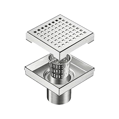 Neodrain 4-Inch Square Shower Drain with Removable Quadrato Pattern Grate, Brushed 304 Stainless Steel, with Watermark&CUPC Certified, Includes Hair Strainer Cover