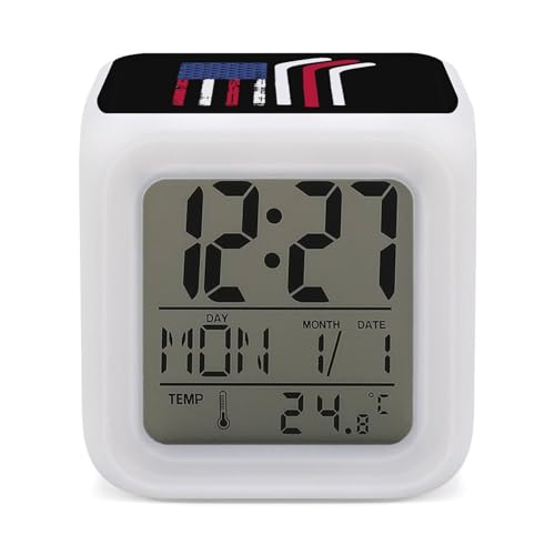 American Flag Made with Hockey Sticks Digital Alarm Clock Cube 7 Colors Clock LED Change Glowing Desk Clocks for Home Decor Funny Print
