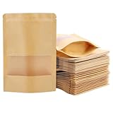 100 bolsas de almacenamiento resellables, bolsa de papel kraft con ventana transparente, bolsa de pie reutilizable para alimentos, té, granos de café (9 x 14 x 3 cm)