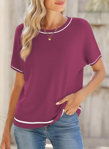 Image of SHEWIN Womens Tops Trendy Short Sleeve Shirts Crewneck Lightweight Knit Sweater Top Business Casual Outfits