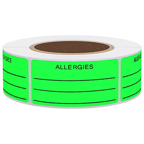 Hybsk Allergies Sticker Fluorescent Green Allergy Stickers/1"x2" Write on Label Total 500 Per Roll (Fluorescent Green)