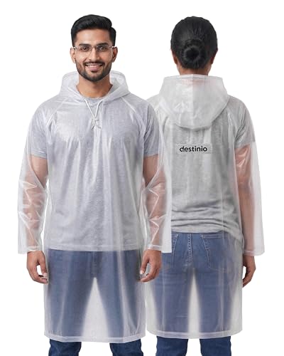 Image of Destinio Poncho for Men, Poncho for Women-Thick Waterproof PVC, Rain Coat, Reusable - Transparent Pocket Raincoat with Hood, Full Cover for Bag in Travel, Trekking, Bike Riders