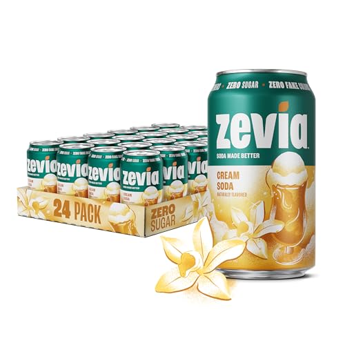 Zevia Zero Sugar Soda, Cream Soda, 12 oz Cans (24-Pack) – Naturally Sweetened, Non-GMO Project Verified, Gluten-Free, Vegan