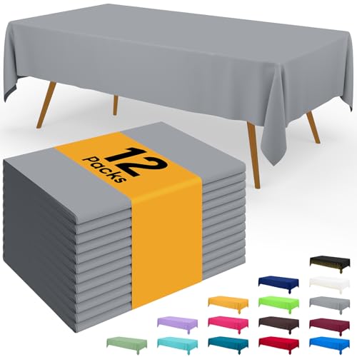 Image of Smiry Disposable Table Cloth - 12 Pack, 54 x 108 Inch Waterproof Rectangle Tablecloths for Parties, Decorative Plastic Table Cover, Leakproof & Sturdy, Grey