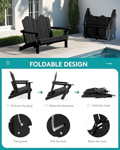 Image of SERWALL Folding Adirondack Bench, HDPE All-Weather Adirondack Loveseat, 660 lbs Capacity, Foldable Outdoor Patio Bench for Deck, Lawn, Garden, Black