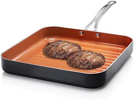 Gotham Steel Grill Pan – 10.5” Square Aluminum Grill Pan with Nonstick Surface, Sear Ridges and Stainless Steel Handle, Dishwasher and Oven Safe