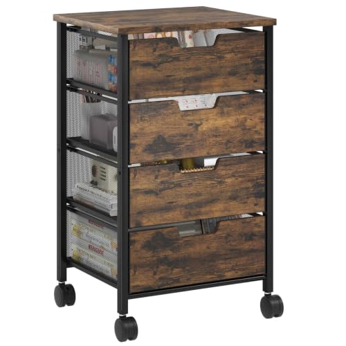 SEFILENCE Rolling Cart with Drawers, Wooden Top and Front, with Wheels Metal Under Desk Storage Cart with 4 Drawers, for Office, Bedroom, Classroom, Home, Rustic Brown