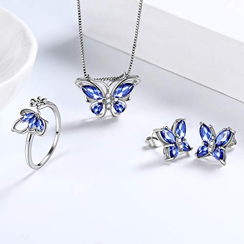 Aurora Tears Butterfly Jewelry Set,925 Sterling Silver Butterflies December-Tanzanite Birthstone Pendant Necklace/Earrings/Rings For Wedding Gif #TOP1
