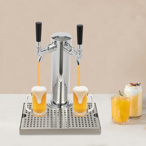 2 cabezales de dispensador, torre de cerveza, dispensador de cerveza de acero inoxidable con bandeja de goteo extraíble, para leche, zumo, café o té