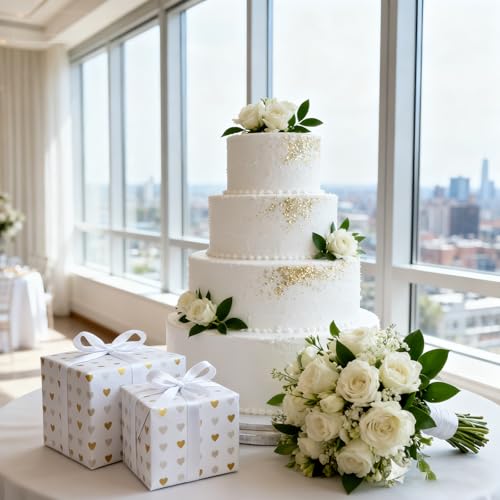 Weiß Geschenkpapier Set mit Herz, 10 Bögen 50x70cm + 22m Schleifenband Romantisches weißes und goldenes Design für besondere Anlässe Ideal für Valentinstag Hochzeit Geburtstag und DIY Dekoration