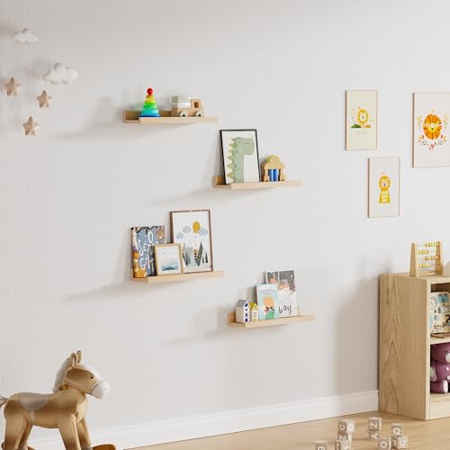 Floating Shelves for Wall, 16 inch Solid Wood Picture Ledge Shelf, Picture Shelf for Wall with Ledge, Floating Book Shelves for living room Bedroom Kitchen Nursery Decor, Natural Unfinished, Set of 2 - Thumbnail 2