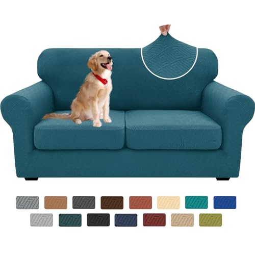 XINEAGE New 3 Pieces Couch Covers for 2 Cushion Sofa Super Stretch Loveseat Slipcover Pet Dog Universal Slip Cover Anti Slip Love Seat Furniture Protector (Peacock Blue, 55"-69")