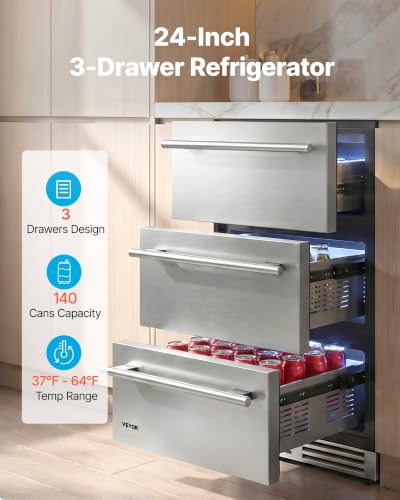Image of VEVOR 3-Drawer Refrigerator, 24 in Undercounter Beverage Cooler, Large Capacity Drink Fridge, 3 Separate Storage Zones, 304 Stainless Steel Drawers, Fast Cooling, for Kitchen, Game Room & Home Bar
