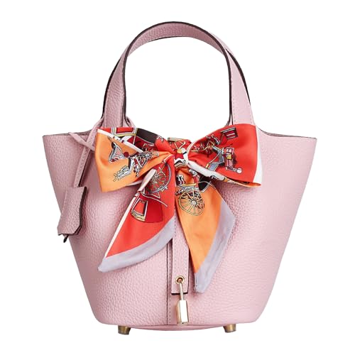 Lafillmiss Leather Handbag (Scarf Detaches) Genuine Leather Bucket Bag for Women,Market Tote Bags with Metal Clasp(3Q Pink-gold)