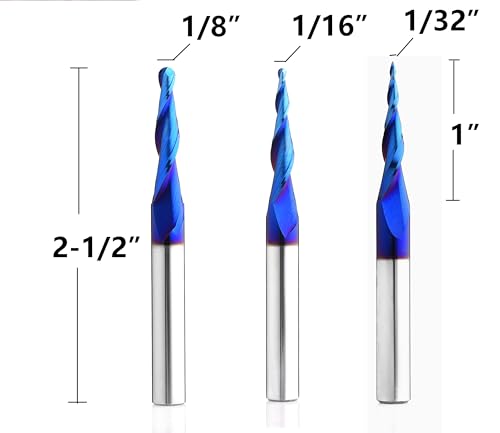 Image of 3PCS BRBT221 Milling Cutters Ball Nose Up Cut CNC Router Bits 2D and 3D Carving Tapered Angle 3.6Deg 5.4Deg 6.2Deg 1 /4 inch Shank with 2-1 /2 inch Over Length