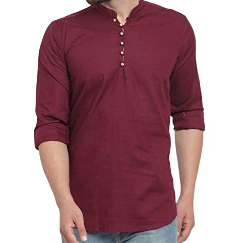 Men's Tunic Cotton Red Kurta/Shirt Indian Casual Summer Kurta Only (Large)