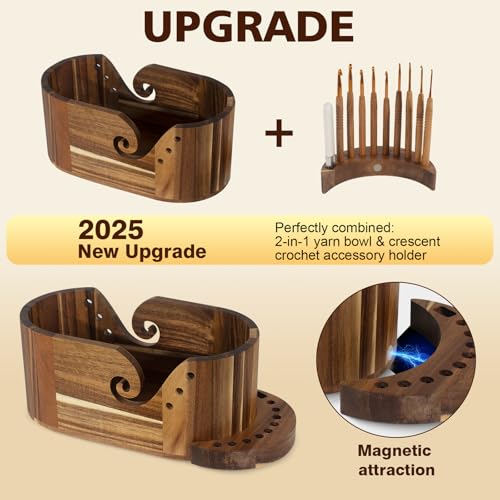 Image of Wooden Yarn Bowl, Craft Knitting Yarn Bowls for Crocheting w /9pcs Knitting Hooks, Sewing Scissors & Crochet Tool Holder, Oval Large Crochet Yarn Holder for Knitting Lovers(11.1x6x4.8in, Acacia Wooden)
