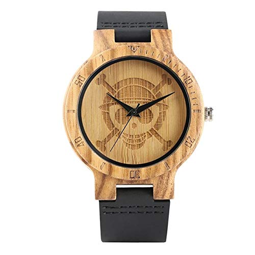 PLUIEX Horloge en Bois Unique One Piece Bois Montres Hommes Gravé Crâne Cadran Pur Bambou Bois Horloge Homme Quartz Analogique Noir Bande Montre, 2