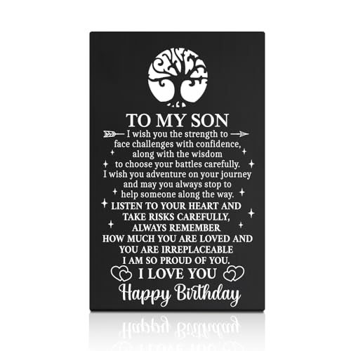 GEYGIE To My Son Happy Birthday Black Wallet Card, Engraved Metal Wallet Insert Card Thoughtful Family Greeting from Mom Dad, Heartfelt Birthday Gifts for Awesome Son with Meaningful Love Message