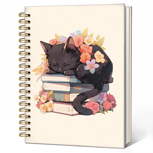CalmVerve Black Cat Book Notebook Journal, Reading Journal for Women, Book Lovers Bookworm Librarian Gifts, Cat Lover Gifts, Flower Bookish Kitten Kitty Hardcover Spiral Notebook 5.5x8.3