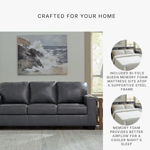 Image of Signature Design by Ashley Bolsena Contemporary Leather Match Sofa Sleeper with Loose Seat Cushions and Bi-Fold Memory Foam Mattress, Queen, Gray