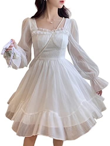 Vestido de verano White Kawaii Dress Women Chiffon Lolita Style Long Sleeve Mini Dresses Bow Fairy Ruffles Patchwork (Color : White, Size : L)