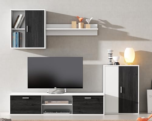 Genérico Mueble de salón Modular de 220 cm. Conjunto Completo Mueble TV + 2 vitrinas + Estante (Blanco Mate -...