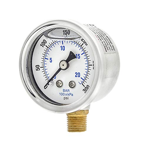 Liquid Filled Lower Mount Pressure Gauge with 1.5" Dial, 0-300 PSI, 1/8" Male NPT Connection, Stainless Steel CASE and Bezel (1)
