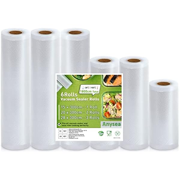 Worki do zgrzewarki próżniowej: Anysea 6 rolek 15|20x2|28x3| x300 cm| Nie zawierają BPA | Wytrzymałe tłoczenie | Worki na żywność uszczelniające próżniowo, rolki do zgrzewarki próżniowej