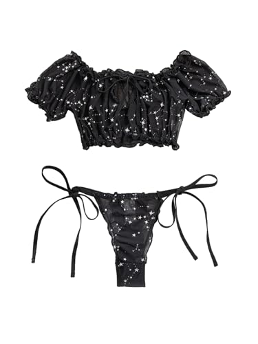 Image of Lilosy Sexy Stretch Ruffle Tie Sheer Mesh Lingerie Set Outfits