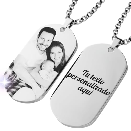 ErenBros Collar personalizado con foto hombre | Chapa militar personalizada grabada | Colgante con foto personalizada ideal como regalo dia del padre o regalos originales para hombre (Rectángulo)